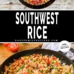 two images of Southwest rice, one with rice being made in a skillet and the other with finished rice in a pan.