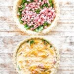 A vertical collage of four images showing the steps of how to make a ham and spinach quiche.