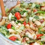 closeup and above image of finished pasta salad.