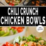 2 image collage of chili crunch chicken bowl recipe.