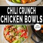 2 image collage of chili crunch chicken bowl recipe.