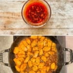 4 image collage on how to make recipe: 1. chicken and seasonings in a bowl, 2. sauce mixed in a small dish, 3. chicken pieces after cooking with sauce, and 4. recipe layered in a bowl.