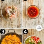 4 image collage on how to make recipe: 1. chicken and seasonings in a bowl, 2. sauce mixed in a small dish, 3. chicken pieces after cooking with sauce, and 4. recipe layered in a bowl.