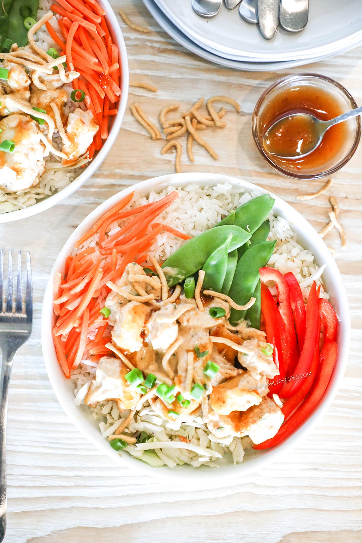bang bang chicken rice bowl from above.