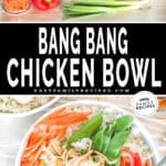 two images of chicken and rice bowls, one with ingredients on the counter and the other with an assembled bowl.