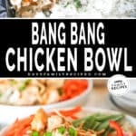 two images of chicken rice bowls, one with chicken and rice in a skillet and the other with an assembled bowl.