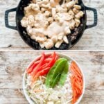 how to make bang bang chicken bowls, 1)season the chicken, 2)cook the chicken and add the bang bang sauce, 3)add cooked rice, veggies, chicken, and toppings to a bowl, 4)serve and enjoy!