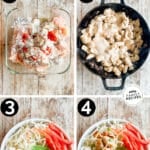 how to make bang bang chicken bowls, 1)season the chicken, 2)cook the chicken and add the bang bang sauce, 3)add cooked rice, veggies, chicken, and toppings to a bowl, 4)serve and enjoy!