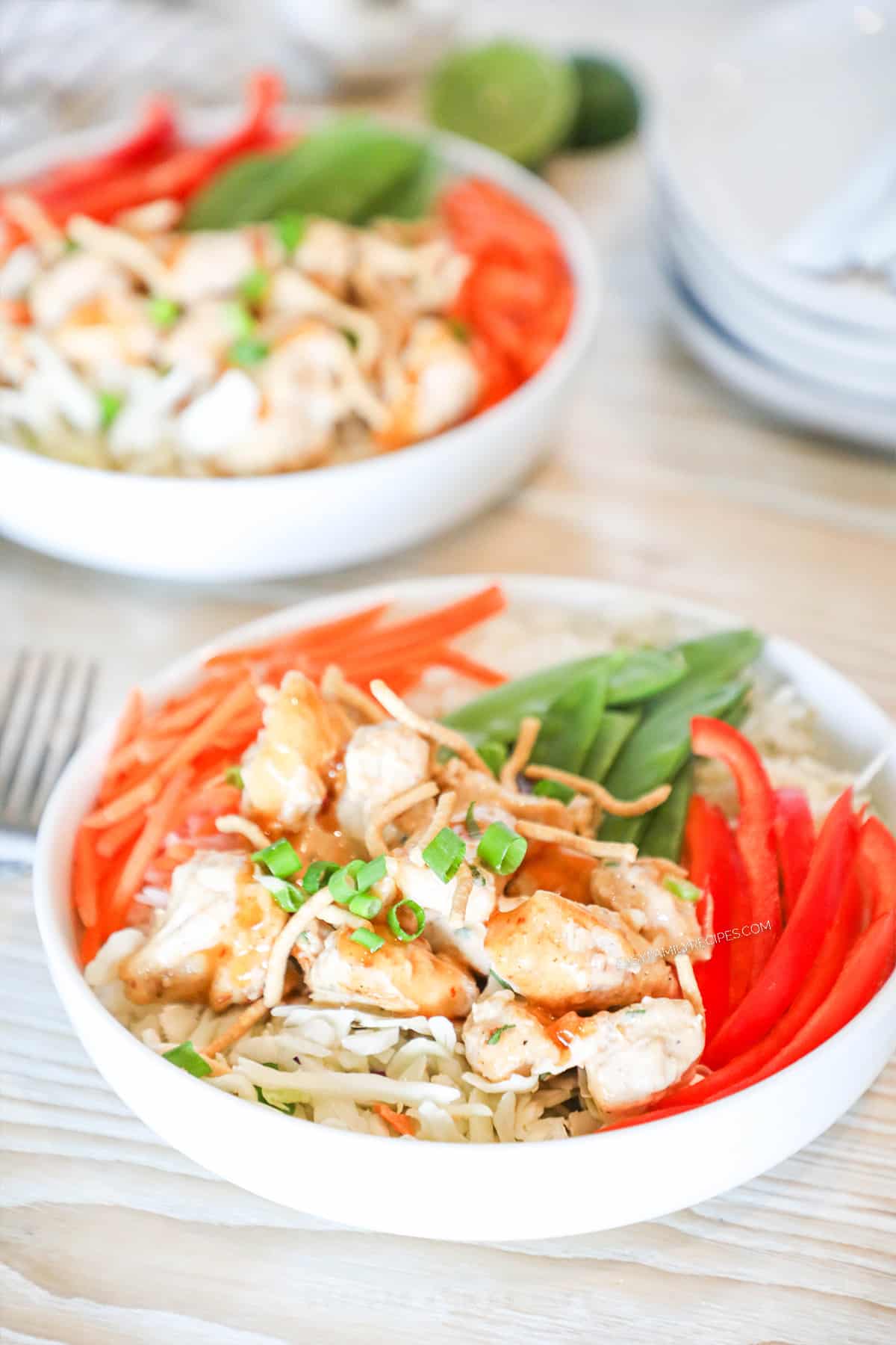 an assembled bang bang chicken bowl with another behind. 