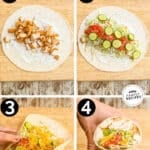A collage image showing the four steps for making chicken tender wraps. The text reads, “Chicken Tender Wraps”