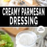 two images for creamy italian dressing, one with ingredients for dressing on the counter and the other with finished dressing in a small pitcher.