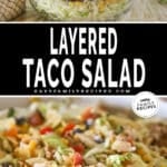 A collage image with two photos. The first shows layered taco salad displayed in a glass bowl. The second shows the salad mixed up in a bowl. The text reads, "layered taco salad"