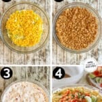 Four steps for making layered taco salad. The text reads, "layered taco salad"
