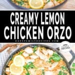Two images showing lemon chicken orzo in a skillet with lemon slices as garnish. The text reads, "Creamy Lemon Chicken Orzo"