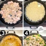 Four images showing the numbered steps for how to make creamy lemon chicken orzo. The text reads, "Creamy Lemon Chicken Orzo."