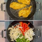 Vertical collage image showing the steps for making fajita tacos.