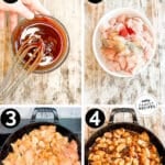 Four images showing the steps for making honey BBQ chicken bites. The text reads, "Honey BBQ Chicken Bites"