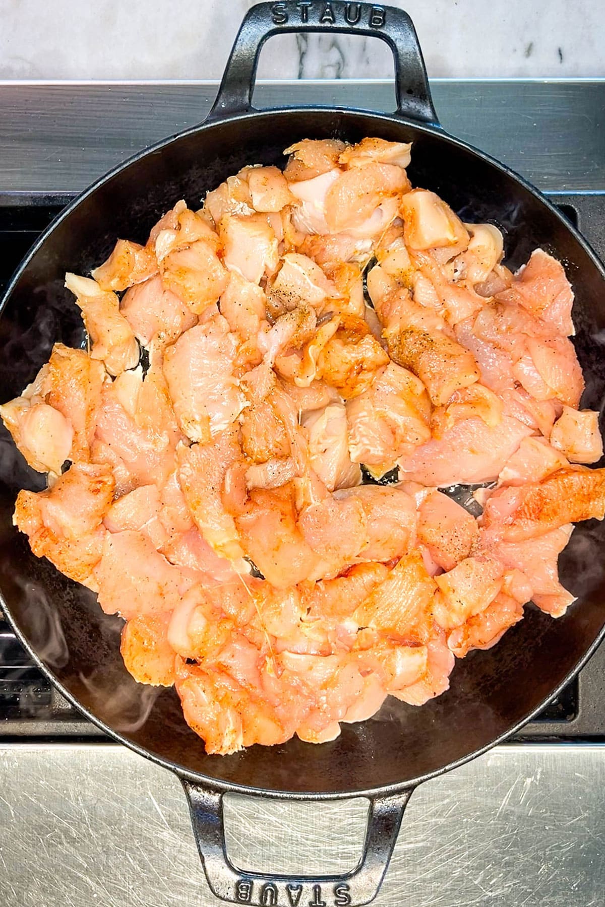 Beginning to cook the chicken for Honey BBQ Chicken Bites.