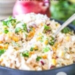 Street Corn Chicken Salad in a gray bowl with a silver spoon in it. The text reads, "Mexican Street Corn Chicken Salad"
