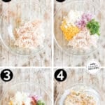 Four numbered images showing the steps for making Street Corn Chicken Salad. The text reads, "Mexican Street Corn Chicken Salad"