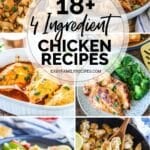 collage of 6 photos: honey garlic chicken breasts, greek chicken and caulflower skillet, shredded crockpot bbq chicken, baked salsa chicken, honey bbq chicken bites, and crockpot chicken tacos