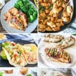 collage of 6 photos: honey garlic chicken breasts, greek chicken and caulflower skillet, grilled greek chicken breasts, shredded crockpot bbq chicken, baked salsa chicken, and crockpot chicken tacos
