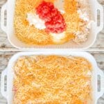 A vertical collage of four images showing how to make baked chicken spaghetti.