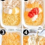 A collage with four numbered images showing how to make bake chicken spaghetti. The text reads, “Baked Chicken Spaghetti”