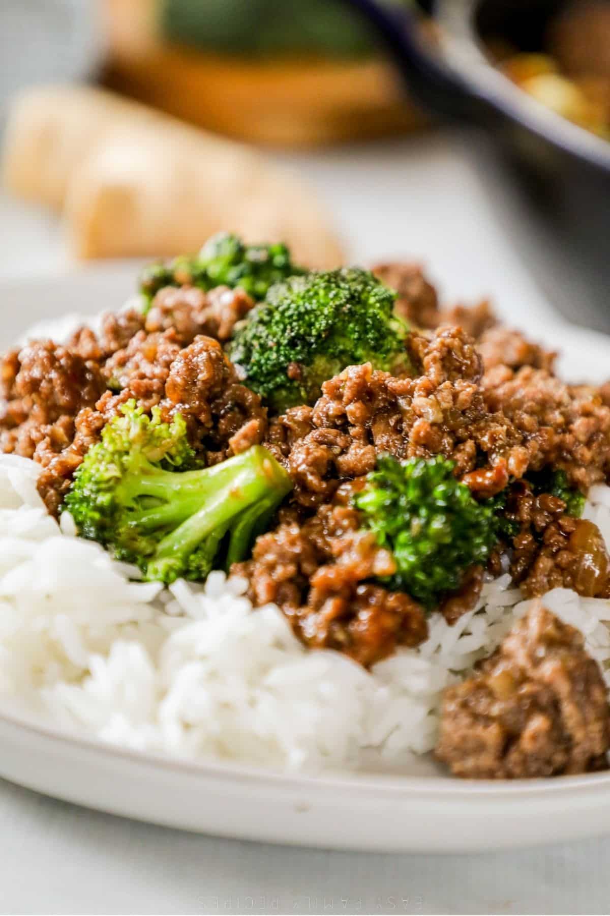 serving of beef & broccoli over rice on a plate