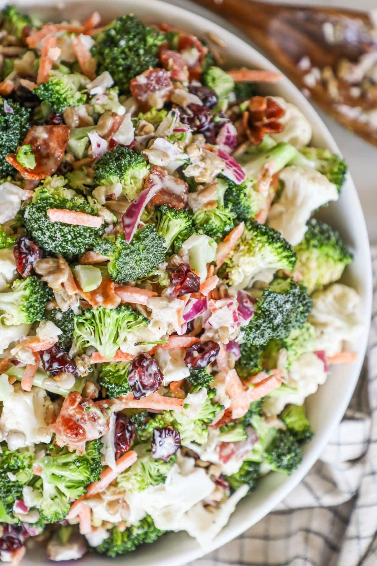 broccoli crunch salad in a white bowl