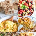 collage of brunch ideas - broccoli cheddar quiche, bowl of fruit, french toast casserole, green chile, coffee cake, hashbrown casserole