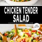 A collage of two images, the first shows a bowl of chicken tender salad with the ranch dressing being drizzled on. The second shows the chicken tender salad being tossed. The text reads, “Chicken Tender Salad”
