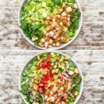 A vertical collage of four images showing the steps for how to make chicken tender salad.
