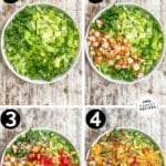 A collage of four numbered images showing the steps for how to make chicken tender salad. The text reads, “Chicken Tender Salad”