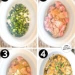 A collage of four numbered images showing the steps for making Crock Pot chile verde. The text reads, “Crock Pot Pork Chile Verde”