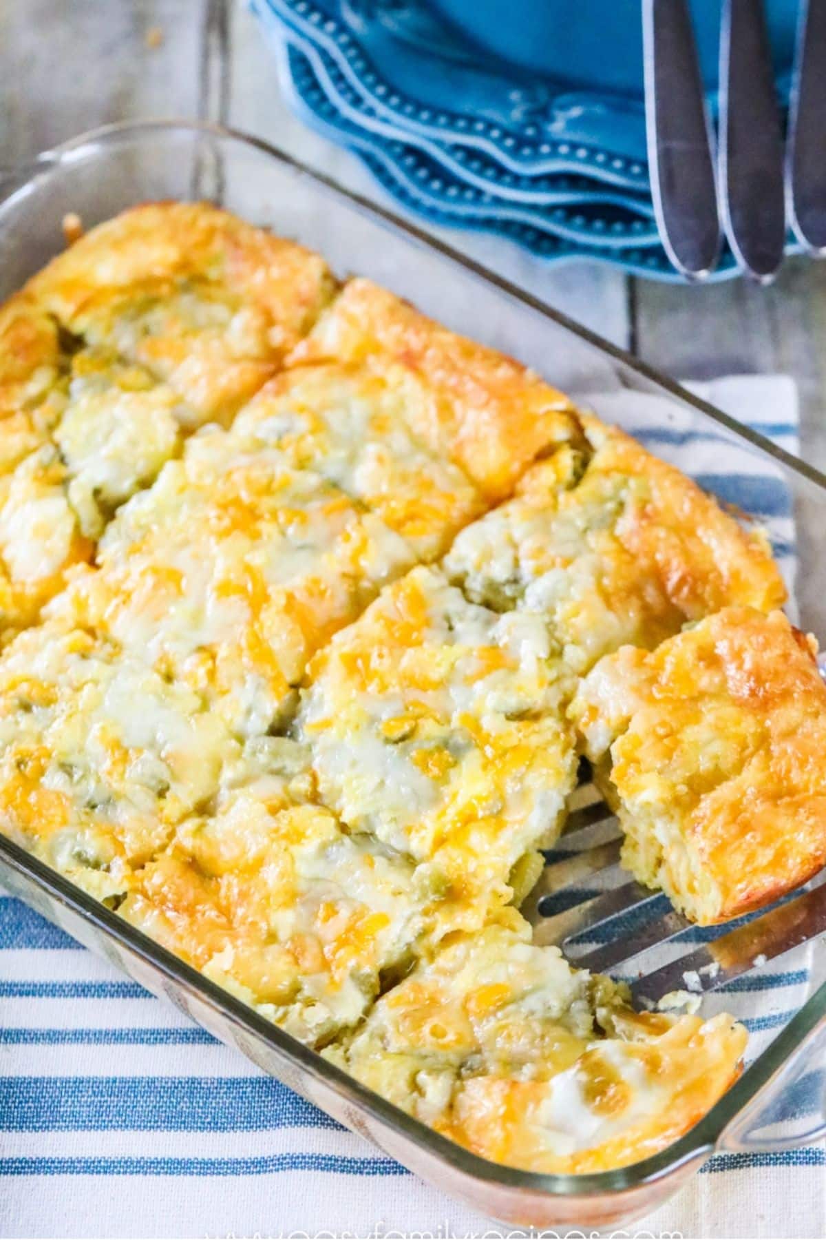 Green Chile Egg Casserole in a clear casserole dish