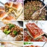photo collage of 6 food items made with hamburger meat