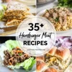 photo collage of 4 photos using hamburger meat - quesadillas, beef stroganoff, korean lettuce wraps, and cheeseburger sliders