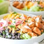 Honey BBQ Chicken Bowl in a white ceramic bowl. The text reads, "Honey BBQ Chicken Bowl"