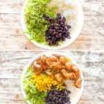 Four images showing the steps for making Honey BBQ Chicken Bowls