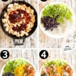 Collage image with four photos showing the steps for making Honey BBQ Chicken Bowls. The text reads, "Honey BBQ Chicken Bowl"