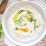 whipped honey feta dip topped with honey and fresh basil.