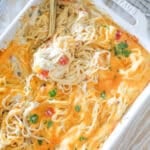 Step six for how to make baked chicken spaghetti: Bake until bubbly and warmed through.