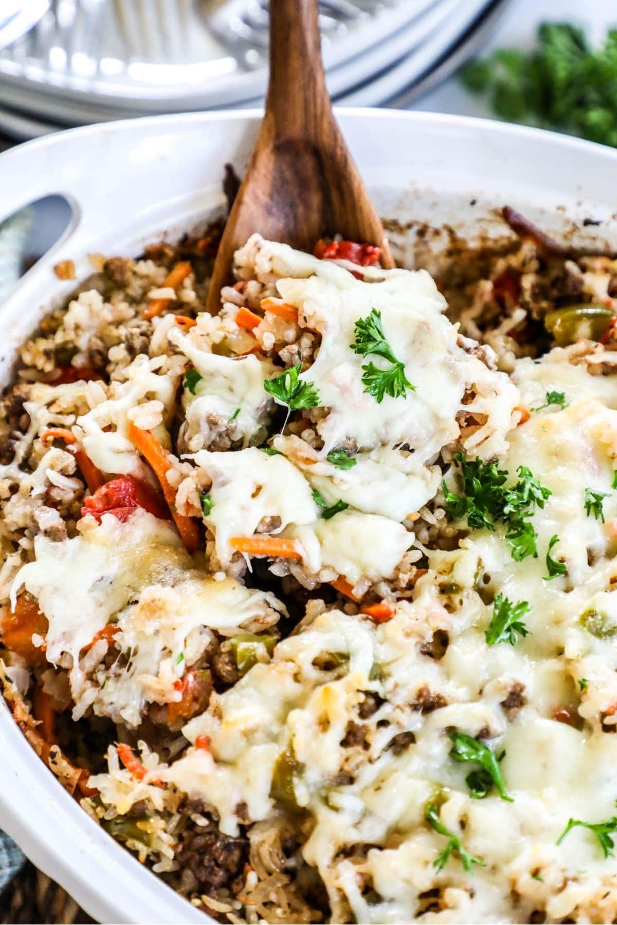 italian beef and rice casserole in a white baking dish