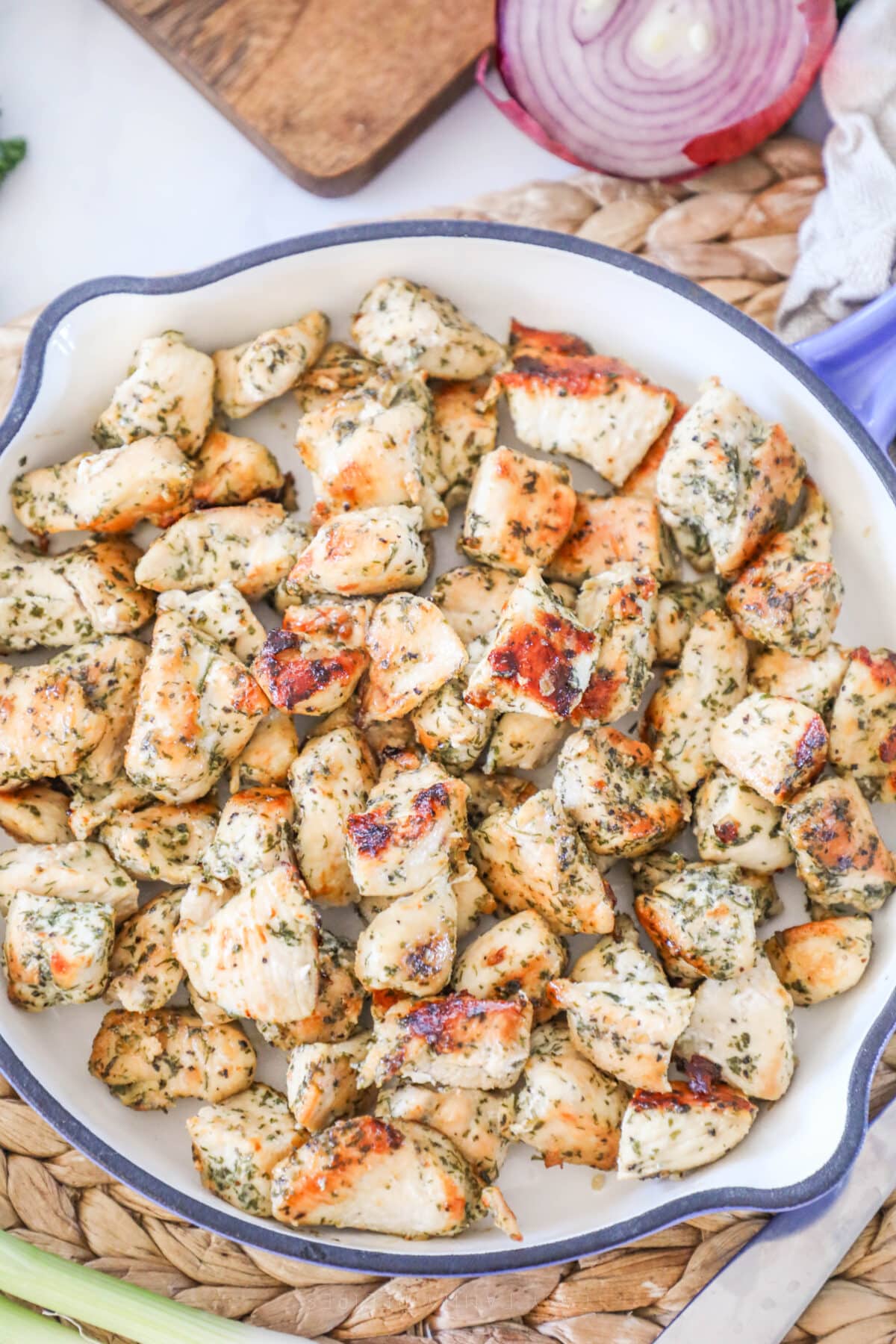 ranch seasoned chicken breast bites coated in spices in a skillet