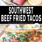 two images for fried beef tacos, one with taco fillings in a pan and the other with tacos being fried in a skillet.