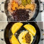 how to make fried tacos, 1) beef and onion in a skillet, 2) add beans, spices, and mix-ins, 3) assemble tacos and fry, 4) serve and enjoy!