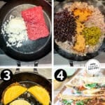 how to make fried tacos, 1) beef and onion in a skillet, 2) add beans, spices, and mix-ins, 3) assemble tacos and fry, 4) serve and enjoy!