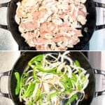 A vertical collage of four images showing the steps for making chicken cheesesteak sandwiches.