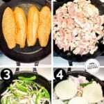 A collage of four numbered images showing the steps for how to make Chicken Cheesesteaks. The text reads, "Chicken Cheesesteaks"